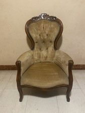 Poltrona Vintage Bergère  In Legno Massello E Imbottitura In Tessuto