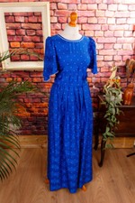 Vintage Originale 70er 80er Boho Maxi Vestito Abito da Sera Lungo Blu Pois S