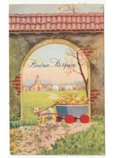 1954 Pasqua cartolina paesaggio arco case di campagna carro agnello pulcini