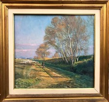 Dipinto Olio Tavola Gregge Pecore Argine Fiume Giacomo Vaccaro cm 54,5 x 51