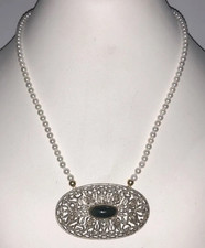 COLLANA PERLE CON CIONDOLO ANTICO IN ARGENTO e ORO CON DIAMANTI ROSE E DIASPRO