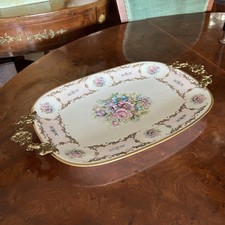 Antico piatto vassoio in porcellana e bronzo Limoges centrotavola vintage fiori 