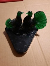 FERMACARTE VETRO VERDE ART DECO "COPPIA TORTORE" STAMPATO base rimossa da pulire