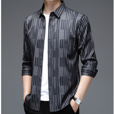 Uomo a Righe Raso Camicia Finta Seta Formale Casual Affari Camicetta Lungo Tasca