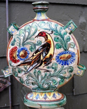 Antico vaso ceramica maiolica ZULIMO ARETINI 11" DIPINTO GRAFFITO FIRMATO uccellini