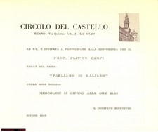 1963 MILANO Conferenza Plinius Campi su Galilei - Invito
