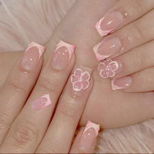 24 Pezzi Unghie Finte Naturali, Gel Lucido Full Cover, Con Design 3D Fiori E Per