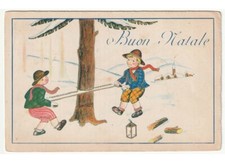 1936 neve Natale bambini taglialegna taglio abete natalizio cartolina augurale