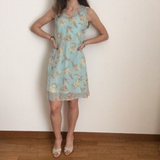 Vestito sartoriale in pura seta voile verde acqua fiori sottoveste raso taglia M