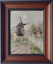 Quadro olio paesaggio Olanda mulino persona costume alberi granaioli
