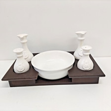 ANTICO SET INSALATIERA SALE PEPE IN CERAMICA BIANCA CON VASSOIO IN LEGNO VINTAGE