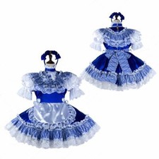 Abito cosplay cameriera Sissy ragazza chiudibile a chiave blu raso costumi su misura