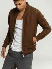 Giacca bomber uomo nuova scamosciata marrone pura pelle fatta a mano pelle di agnello vera morbida