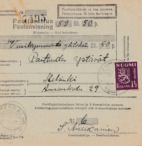 Finlandia 1930 vaglia postale - finlandia:,