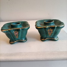 DERUTA ITALY DUE ANTICHI PORTA CANDELE IN CERAMICA VERDE MALACHITE ORO