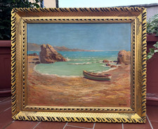 DIPINTO AD OLIO - PAESAGGIO MARE BARCHE - SPIAGGIA ITALIANA - "F. FERRARI" -'900