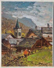Mario Fumia ( Torino 1931 -2013 ) "Baite a Fénis" Valle d'Aosta,  olio su tavola