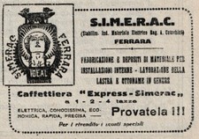 PUBBL.1919 SIMERAC S.I.M.E.R.A.C. FERRARA MATERIALE ELETTRICO CAFFETTIERE