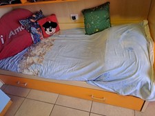 letto per cameretta bambini 204x94x60h legno chiaro e arancione + letto singolo 