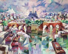 Getty Bisagni Parigi La Senna Notre Dame Grande Dipinto Moderno Olio su tela