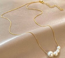 Collana Girocollo In Acciaio Placcato Oro 18kt Lunga 45cm, Con Simil-Perle.