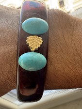 Bracciale In Ambra Naturale Scolpito Unito Blocco Con Turchese e Foglia Oro 18 K