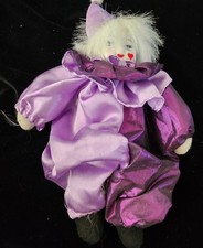 Bambola pagliaccio arlecchino vintage, testa di porcellana, viola seta, mod sacchetto fagioli 9"