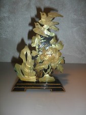 Scultura bassorilievo vintage cinese in legno e madreperla fiori e uccelli