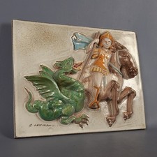 Scultura Bassorilievo Maiolica S. Geminiani San Giorgio e Drago Forlì 1984