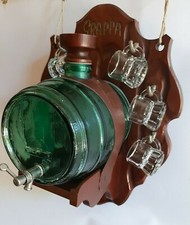 Dispenser grappa liquore botte vetro supporto legno vintage + 6 bicchierini