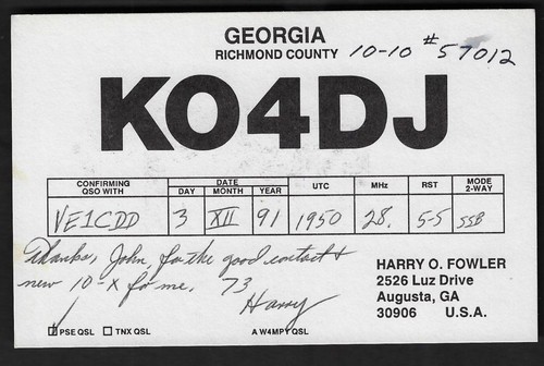 Qsl radio card ko4dj - qsl, card"ko4dj,harrry