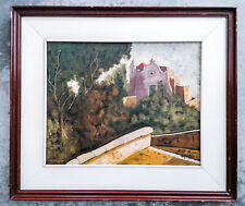 QUADRO LELLO M. BARRESI DIPINTO OLIO TELA PAESAGGIO CHIESA PAESE VILLAGGIO EPOCA