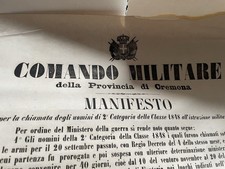Esercito Manifesto di Chiamata Classe Di Leva 1848 Comando Militare Cremona