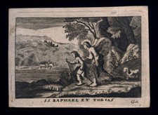 santino incisione 1600 S.RAFFAELE ARC. E TOBIA.  c. galle