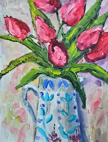 Quadro olio rosa tulipani