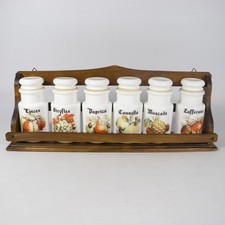 MENSOLINA LEGNO PORTASPEZIE PORTA SPEZIE DA PARETE + BARATTOLI OPALINE VINTAGE