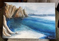 Paesaggio Siciliano , mare azzurro intenso, Dipinto a mano