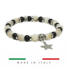 Bracciale braccialetto donna perle 6mm bianco e onice nero stella acciaio regalo