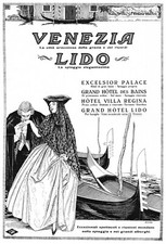 PUBBLICITA' 1925 LIDO VENEZIA MASCHERE COSTUMI GONDOLE LAGUNA CARNEVALE GOBBI