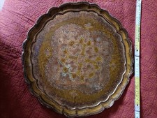 vassoio fiorentino in legno intarsiato e decorato, metà '900, rotondo, grande.