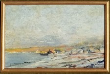 Francesco Gibelli ( Melzo 1890- Milano 1978 ). Marina,  olio su tavoletta 