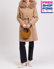 RRP €900 CINZIA ROCCA cappotto di lana IT44 US8 UK12 L beige con cintura bordo in pelliccia di volpe