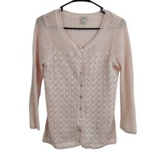 LL Bean Pink Button Crochet Linen Cotton Cardigan Sweater Women Sz XS