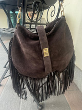 Borsa bisaccia scamosciata texana ragazza  frange vera pelle marrone testa moro