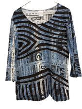 Parsley & Sage Womens Wearable Art Top Large Blue Black Newspaper Print Casual