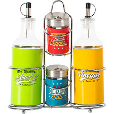 Set 4 dosatori vintage olio aceto sale pepe in vetro con stand dosatore menage