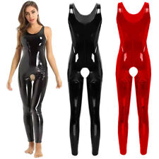 Tuta da donna in pelle PVC effetto bagnato tuta gatto lattice aperta all'uncinetto lingerie clubwear