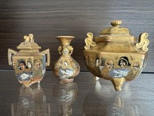 Satsuma Meiji Pottery Japan Set Of 3 Signed Dragon