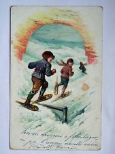 BAMBINI montagna neve ciaspole snowshoes snow AK old postcard vecchia cartolina 