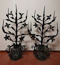 ANTICHI CANDELABRI CANDELIERI PORTA CANDELA DA CHIESA IN FERRO BATTUTO FINE '800
